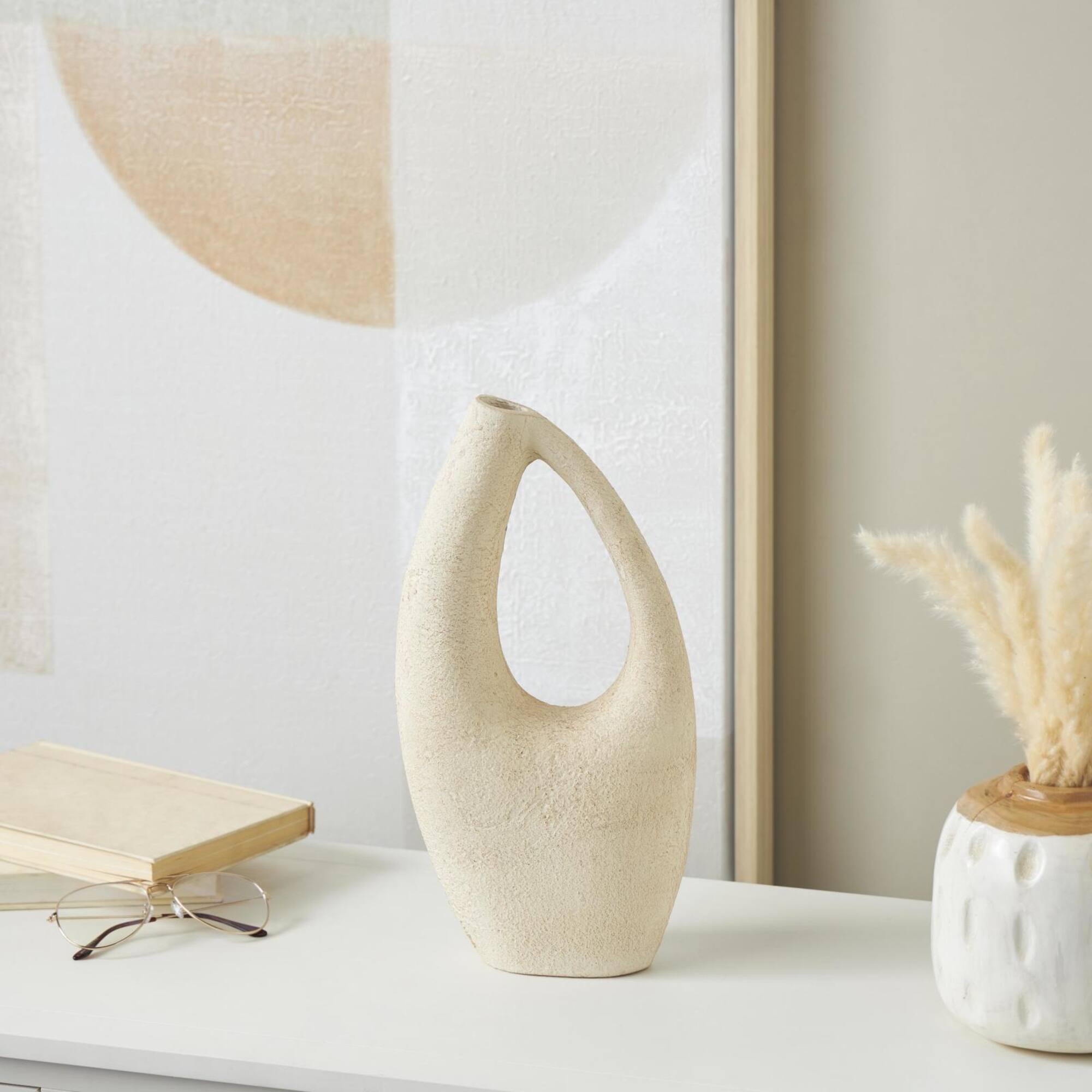 14" Cream Abstract Cutout Paper Mache Vase